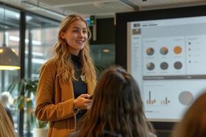 Woman presenting data in modern office photo
