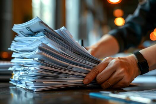 A close-up image of person sorting through large stack of papers on desk in modern office setting. The persons hand visible they carefully sift through documents, likely organizing or reviewing them photo