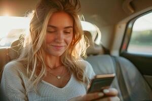 Smiling woman using smartphone in back seat of car during daytime drive photo