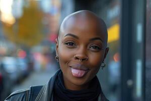 Bald woman with nose ring and tongue out smiling in city photo