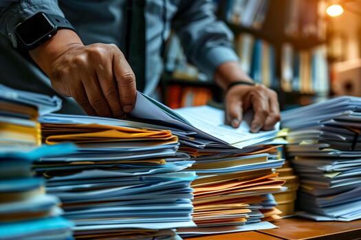 Person sorting through stacks of paper documents in office photo