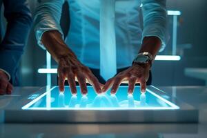 Person interacting with touchscreen display in modern office photo