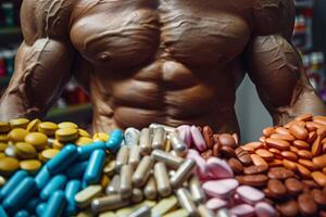 Muscular man with variety of pills and supplements in a gym photo