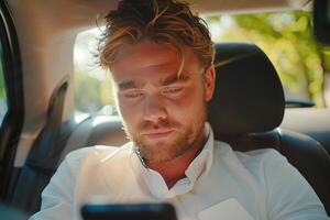Young man using smartphone in backseat of car during daytime photo