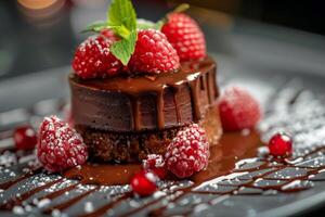 Chocolate dessert with raspberries and mint garnish on a black plate photo