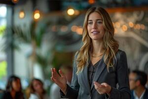 Woman giving a presentation at a business meeting in a modern office photo
