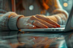 Close up of womans hand typing on laptop keyboard with orange nail polish photo