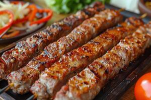 Grilled meat skewers with peppers and onions, lula kebab photo