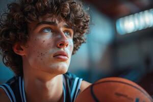 Young basketball player holding ball looking up during game photo