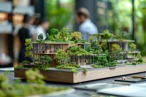 A close-up view of a detailed architectural model of a green city, showcasing the innovative use of greenery and sustainable design elements photo