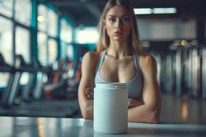 Woman in gym with arms crossed behind a white protein powder container photo