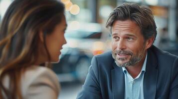 Man and woman discussing a car dealership purchase photo