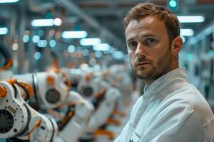 Manufacturing engineer standing with robotic arms in a modern plant photo
