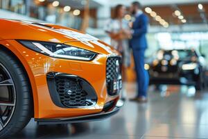 Orange car front close-up at dealership showroom. Buying a car, figures of buyer and seller in the background photo