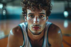 Close up portrait of a young man in a basketball jersey looking at the camera photo