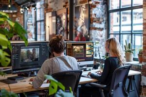 Two individuals are working on a project in a modern office setting. They are using computers and appear to be focused and engaged in their tasks. Designers or editors do creative work photo