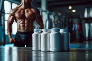 A muscular athlete stands in gym with row of supplement bottles on table in front of him. The athlete is shirtless, showcasing his toned physique, while the bottles feature simple designs photo