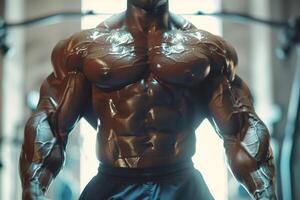 Muscular bodybuilder posing in a gym with defined biceps and chest photo