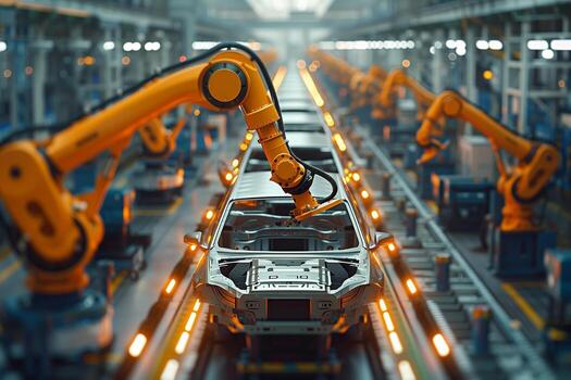 Robotic arms assembling car chassis on an automated manufacturing line photo