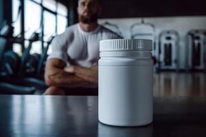 White supplement container on table in gym with athlete in background photo
