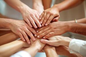Diverse hands reaching together in a gesture of unity photo