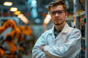A young engineer in a white lab coat stands confidently in a modern manufacturing plant. He is positioned in front of a robotic arm, highlighting the automation and technology employed in facility photo