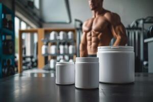 Athlete in a gym with supplements and steroid containers photo