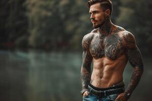 Muscular tattooed man posing by lake in daylight photo