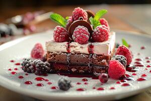 A close-up shot of a delicious chocolate dessert topped with raspberries and whipped cream photo