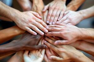 Diverse hands reaching upward in unity photo