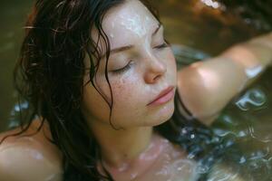 Woman with closed eyes submerged in water with wet hair photo