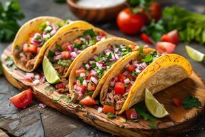 Close up of four soft tacos with toppings on a wooden cutting board photo