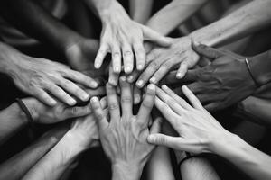 Diverse hands reaching up in unity, monochrome photo