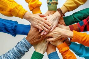 A group of diverse individuals, each wearing colorful clothing, place their hands together in a gesture of unity and support photo