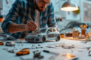 Car designer working on concept car development in auto design studio photo