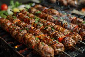 Close up of grilled meat skewers with vegetables and smoke photo