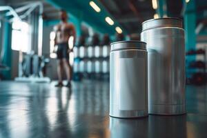 Two metal containers of sports nutrition supplements in gym setting photo