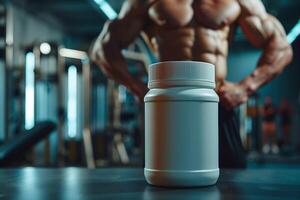 A white plastic supplement container sits on a black table in a gym. The container is in focus, while a muscular bodybuilder stands in the background, their body blurred photo