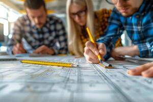 Architectural blueprint collaboration with team members photo