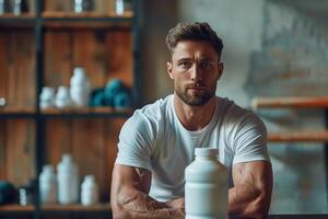 Muscular athlete holding a protein supplement in a gym setting photo