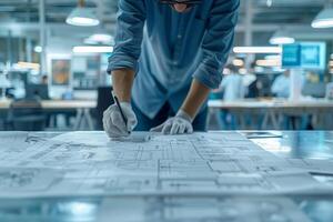 A close-up image of an engineer wearing gloves and sketching on a blueprint spread out on a table in a modern office photo