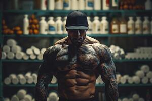 Muscular man in black cap posing in front of shelves with sports nutrition photo