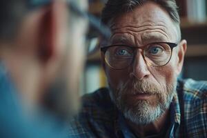 A close up portrait of a man with a white beard and glasses, looking intently at someone off-screen photo