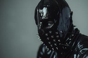 Close up portrait of a person wearing a black spiked leather mask photo