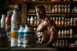Muscular man posing in front of a shelf of bottles photo