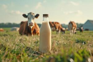 A glass bottle of fresh milk in a green pasture with cows grazing photo