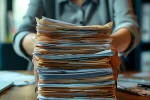 A person is holding a large stack of documents at their desk, likely representing the burden of paperwork and workload in an office setting photo