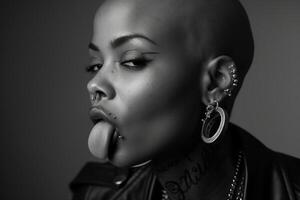 Black and white portrait of a young woman with multiple piercings. She is looking directly at the camera, and her tongue is sticking out photo