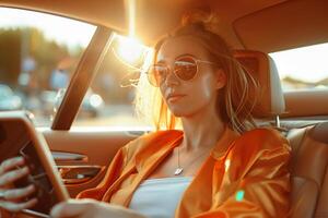 Woman in sunglasses uses tablet in backseat of car during golden hour photo