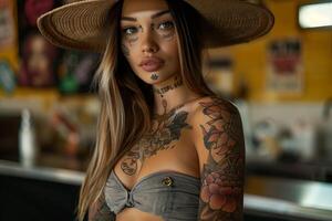 Woman with tattoos wearing a straw hat and grey top inside photo